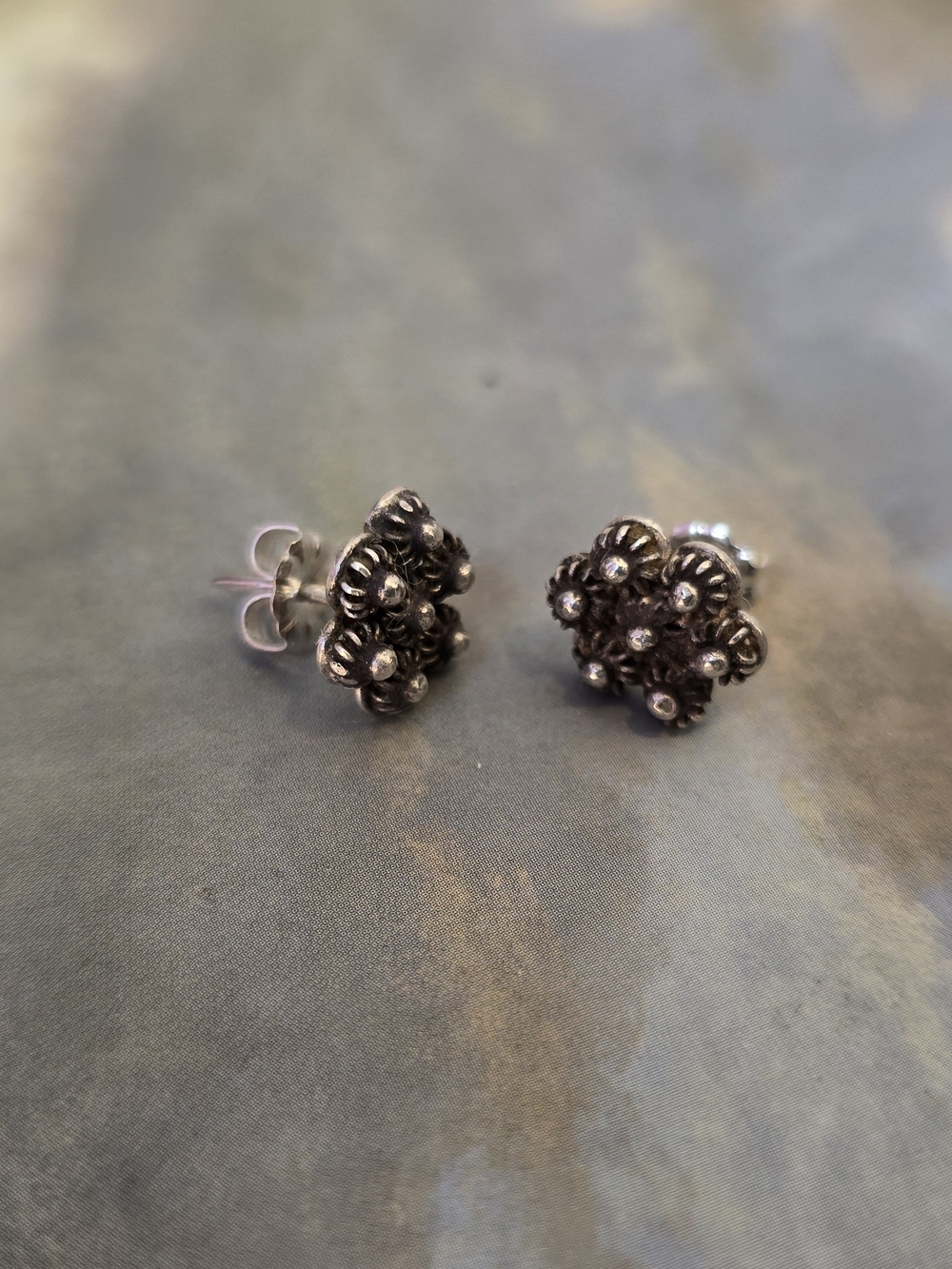 Sterling Silver Floral Cluster Stud Earrings - Blackened Silver